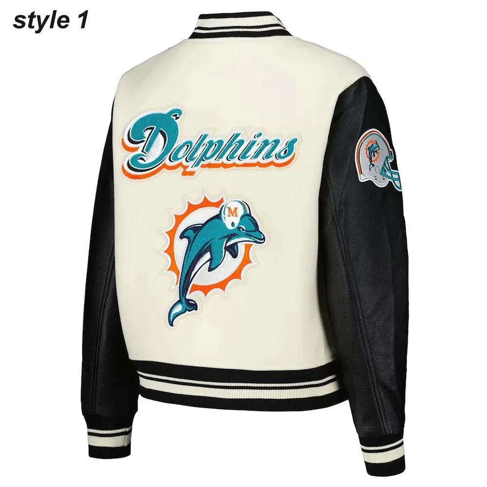 Cream Miami Dolphins Retro Classic Varsity Jacket - side view
