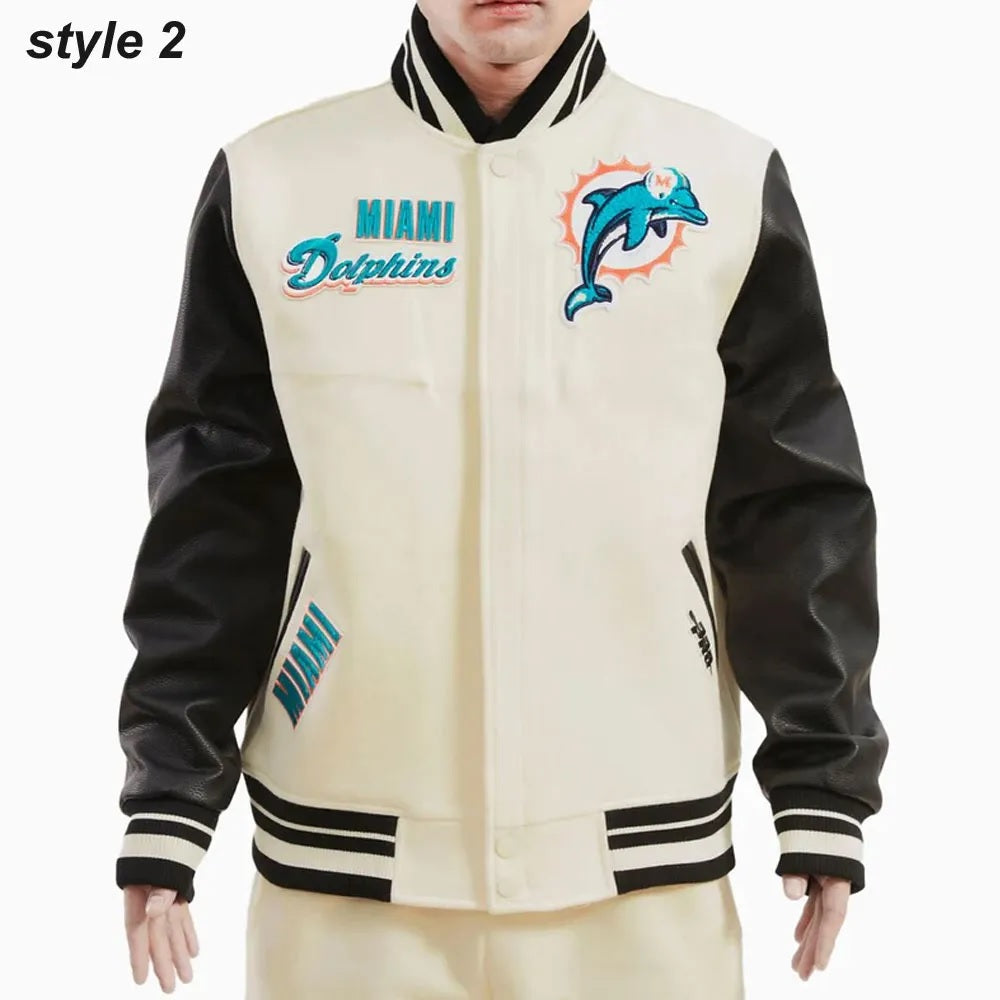Cream Miami Dolphins Retro Classic Varsity Jacket - back view