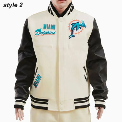 Cream Miami Dolphins Retro Classic Varsity Jacket - back view