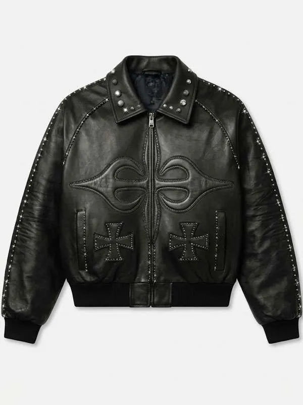 Cross Motif Black Leather Jacket