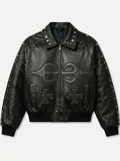 Cross Motif Black Leather Jacket