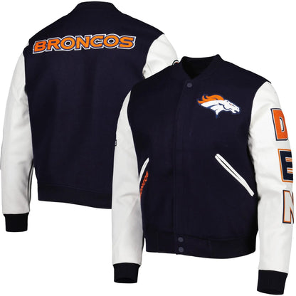 Denver Broncos Navy and White Varsity Jacket - side view