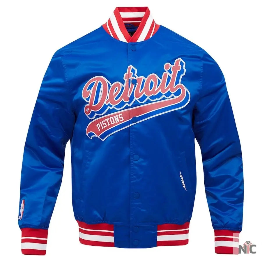 Detroit Pistons Script Tail Blue Satin Varsity Jacket Clanton Jacket