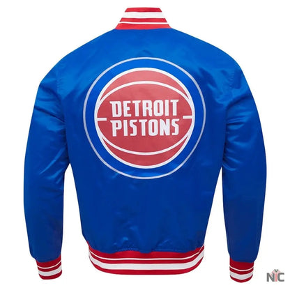 Detroit Pistons Script Tail Blue Satin Varsity Jacket Clanton Jacket