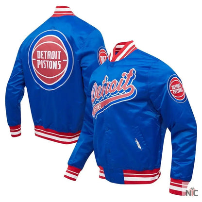 Detroit Pistons Script Tail Blue Satin Varsity Jacket Clanton Jacket