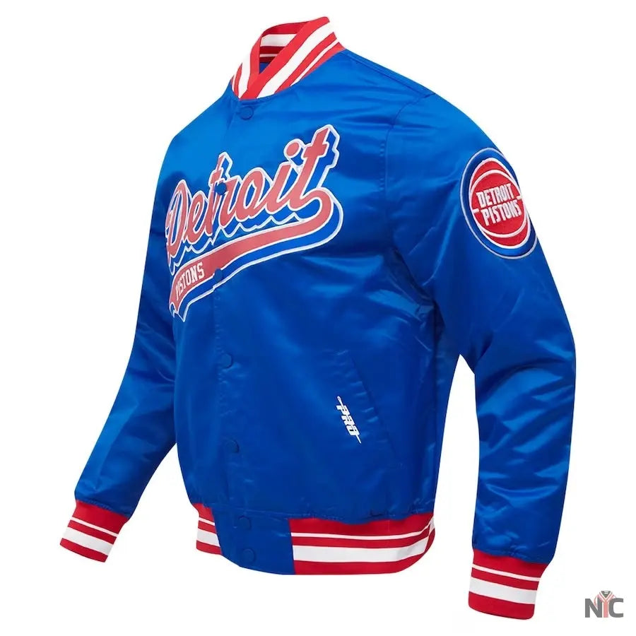 Detroit Pistons Script Tail Blue Satin Varsity Jacket Clanton Jacket