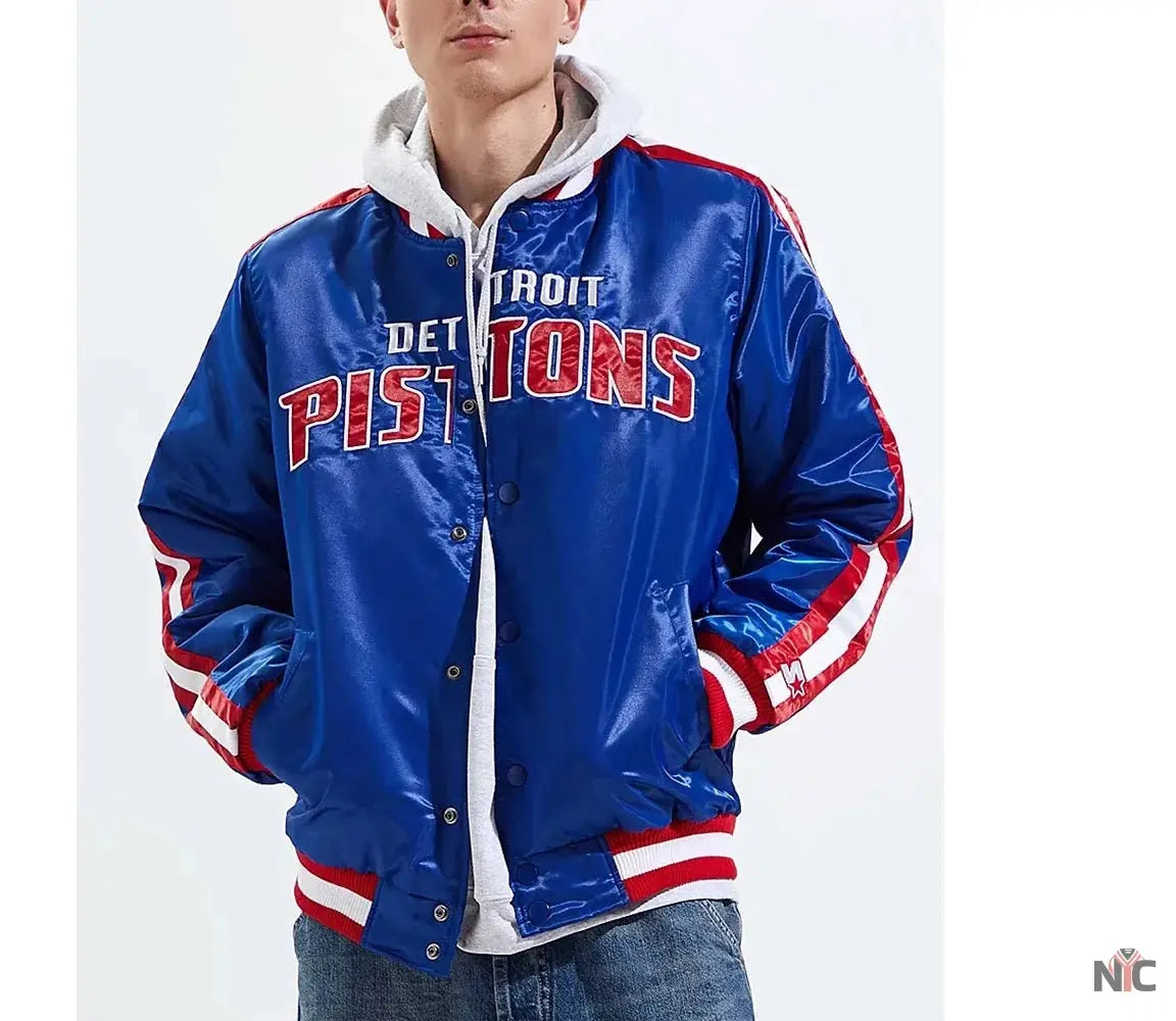 Detroit Pistons Striped Varsity Blue Satin Jacket Clanton Jacket