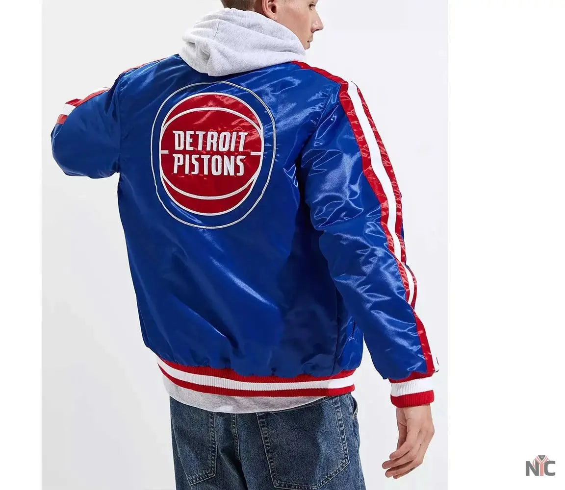 Detroit Pistons Striped Varsity Blue Satin Jacket Clanton Jacket