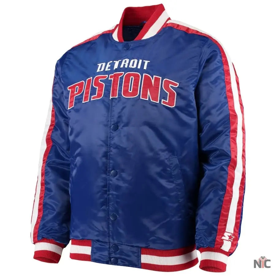 Detroit Pistons Striped Varsity Blue Satin Jacket Clanton Jacket