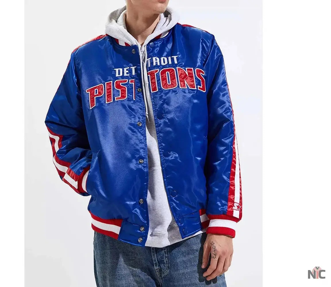 Detroit Pistons Striped Varsity Blue Satin Jacket Clanton Jacket