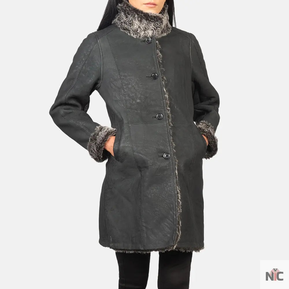 Erica Shearling Black Leather Coat Clanton Jacket