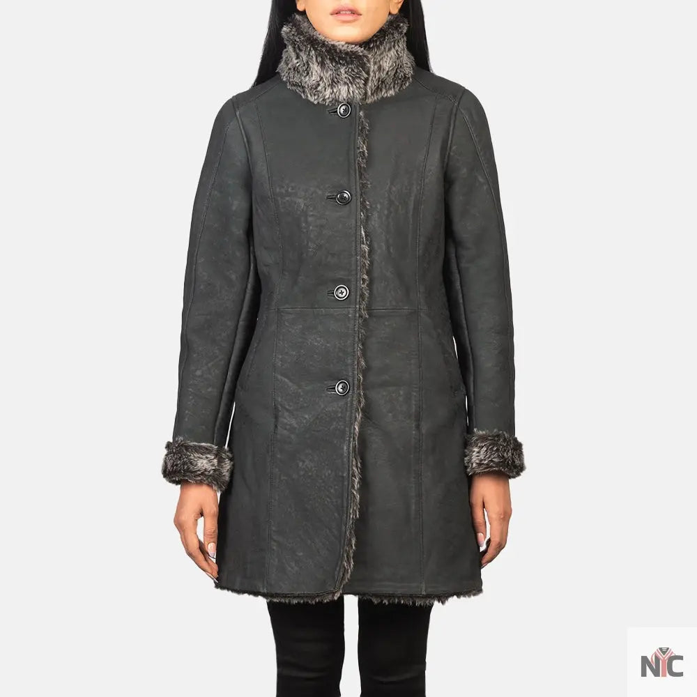 Erica Shearling Black Leather Coat Clanton Jacket