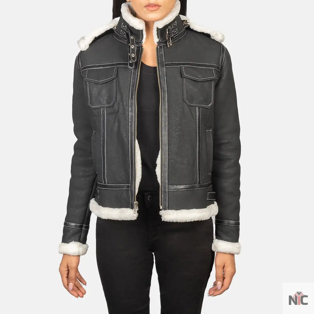 Fiona Black Hooded Shearling Leather Jacket Clanton Jacket