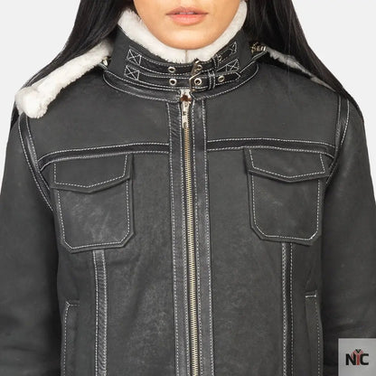 Fiona Black Hooded Shearling Leather Jacket Clanton Jacket