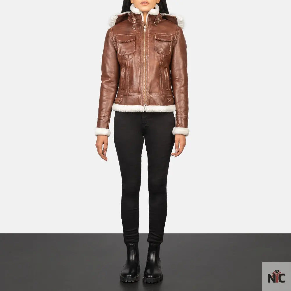 Fiona Brown Hooded Shearling Leather Jacket Clanton Jacket