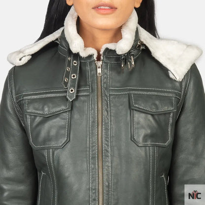 Fiona Green Hooded Shearling Leather Jacket Clanton Jacket