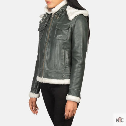 Fiona Green Hooded Shearling Leather Jacket Clanton Jacket