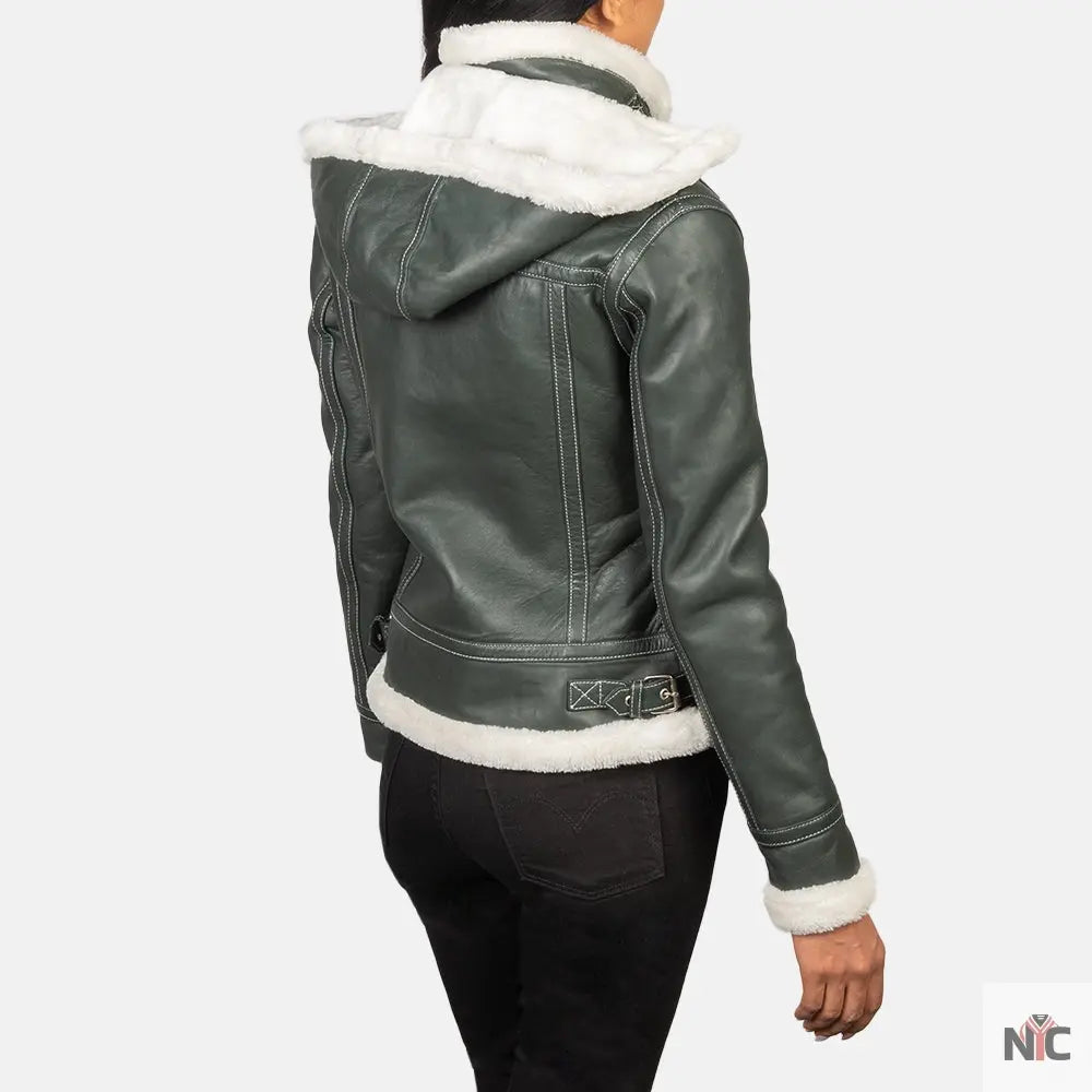 Fiona Green Hooded Shearling Leather Jacket Clanton Jacket