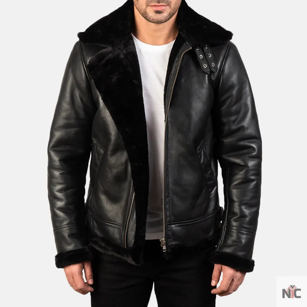 Francis B-3 Black Leather Bomber Jacket Clanton Jacket