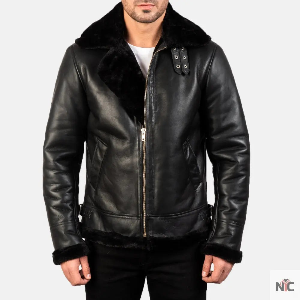Francis B-3 Black Leather Bomber Jacket Clanton Jacket