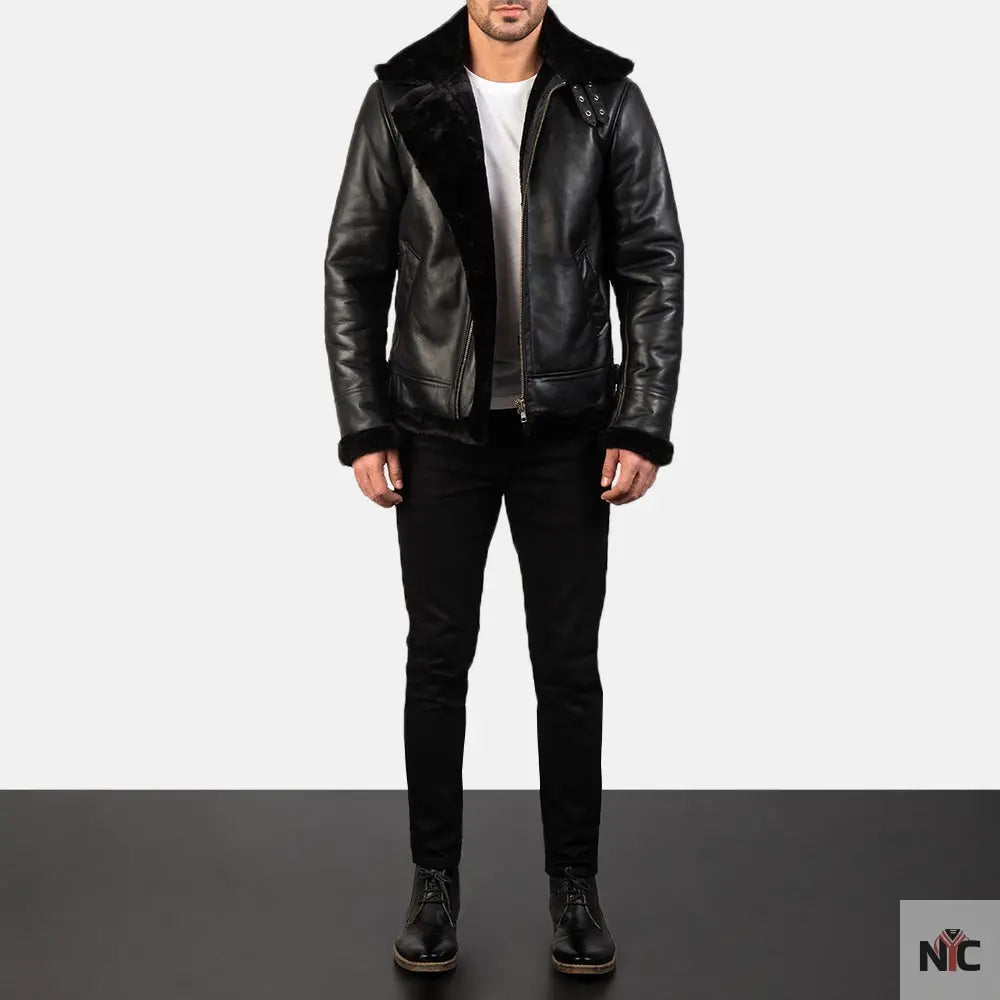 Francis B-3 Black Leather Bomber Jacket Clanton Jacket