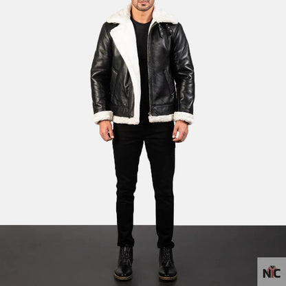 Francis B-3 Black & White Leather Bomber Jacket Clanton Jacket