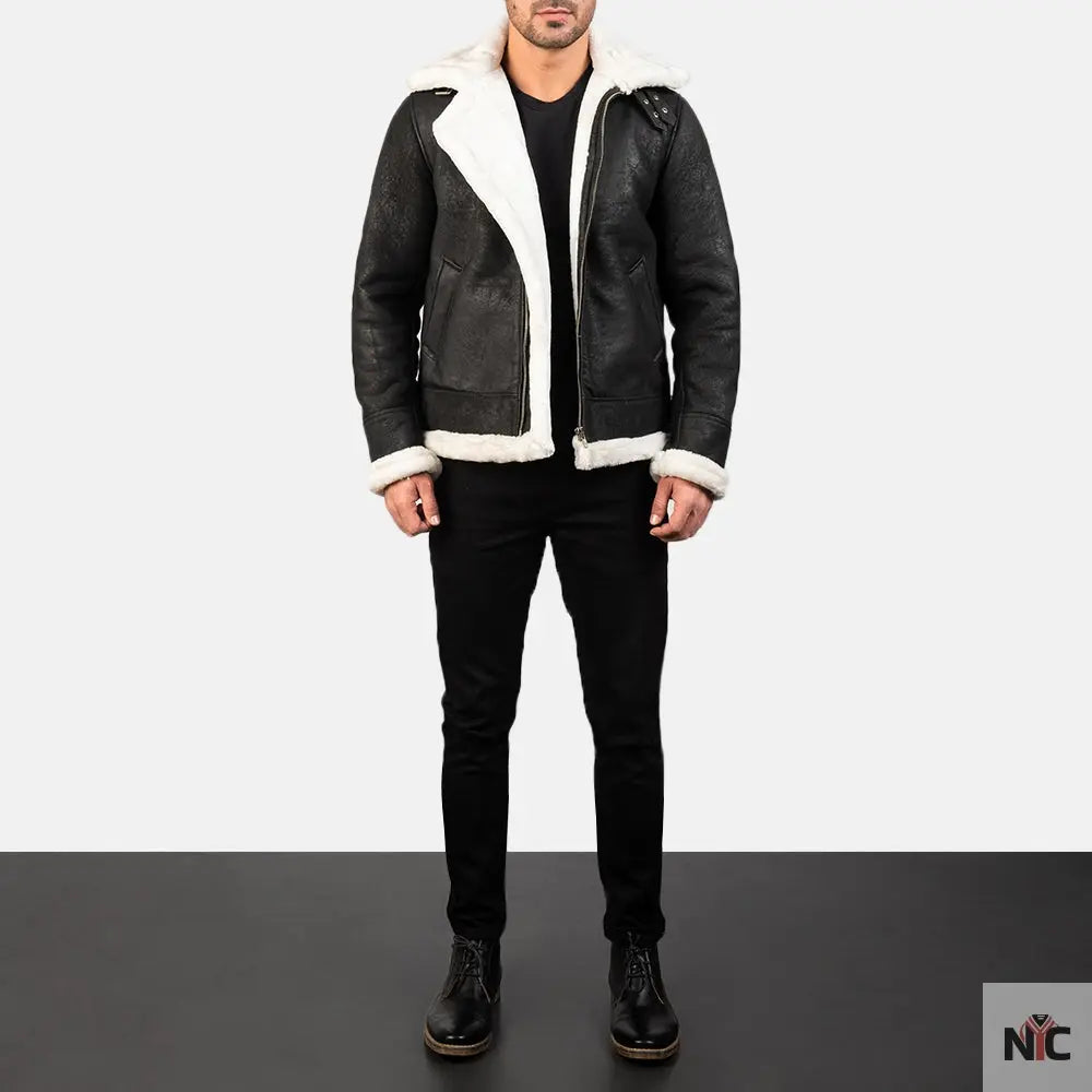 Francis B-3 Distressed Black Leather Bomber Jacket Clanton Jacket