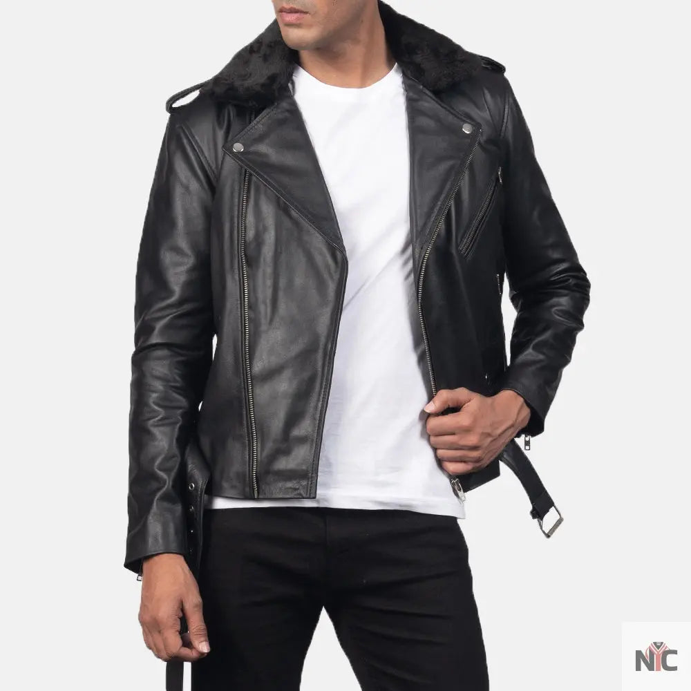 Furton Black Leather Biker Jacket Clanton Jacket
