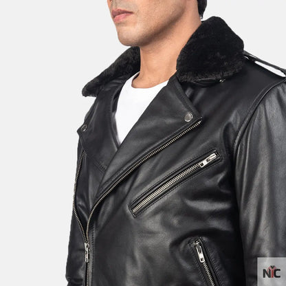 Furton Black Leather Biker Jacket Clanton Jacket