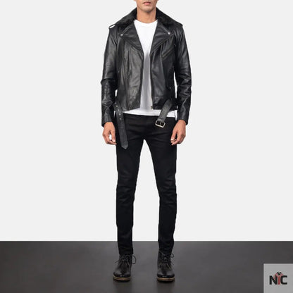 Furton Black Leather Biker Jacket Clanton Jacket