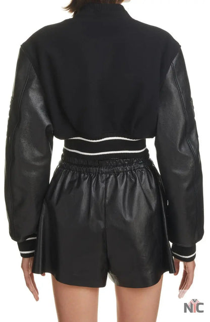 Givenchy Black Leather Sleeve Logo Crop Varsity Jacket Clanton Jacket