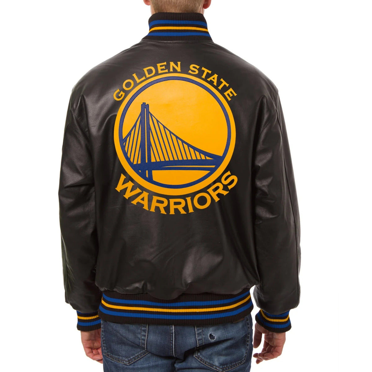 Golden State Warriors Black Leather Varsity Jacket - back view