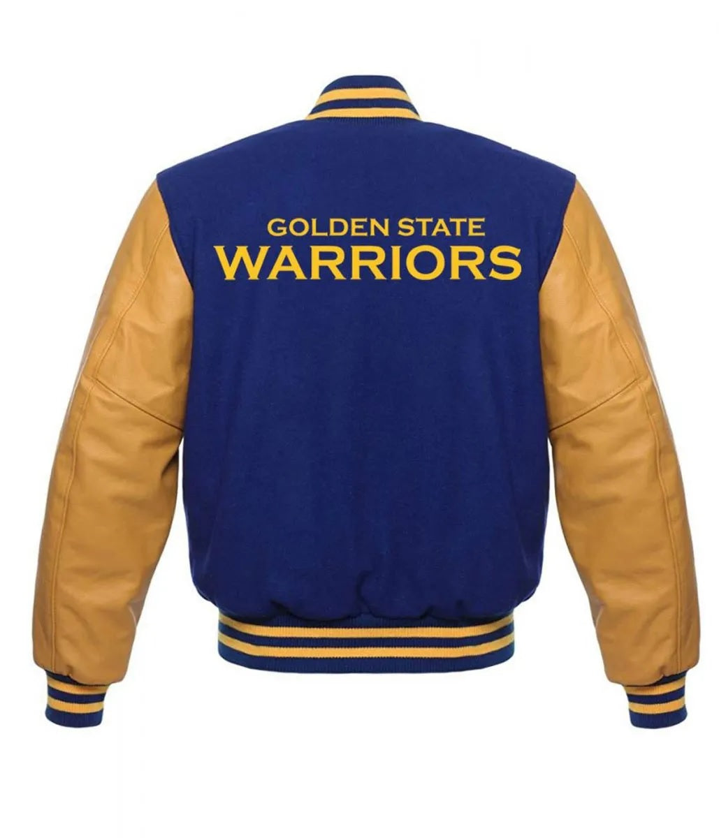 Golden State Warriors Blue and Yellow Letterman Jacket - back view