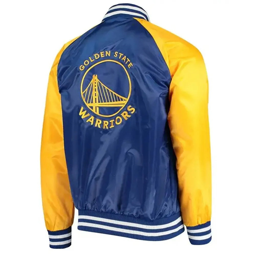 Golden State Warriors Blue and Yellow Satin Varsity Jacket - back view