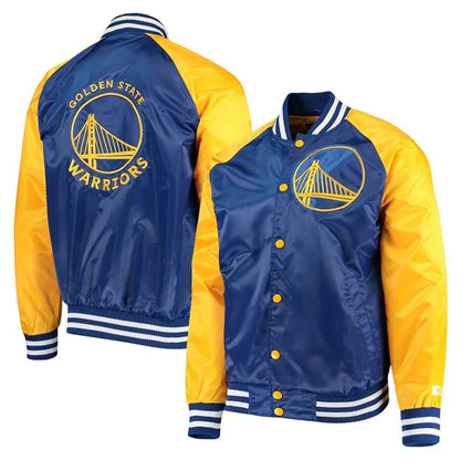 Golden State Warriors Blue and Yellow Satin Varsity Jacket - side view