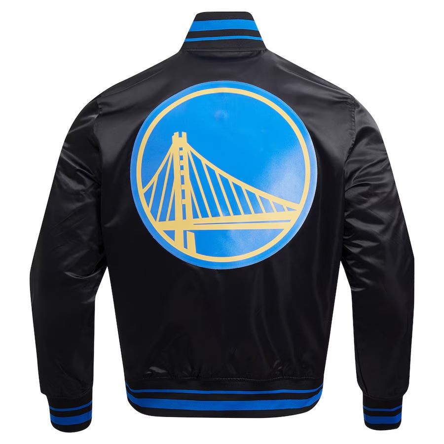 Golden State Warriors Script Tail Satin Varsity Jacket - back view