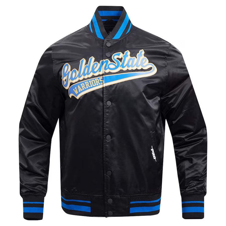 Golden State Warriors Script Tail Satin Varsity Jacket - side view