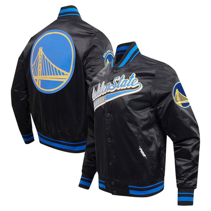 Golden State Warriors Script Tail Satin Varsity Jacket - detail view