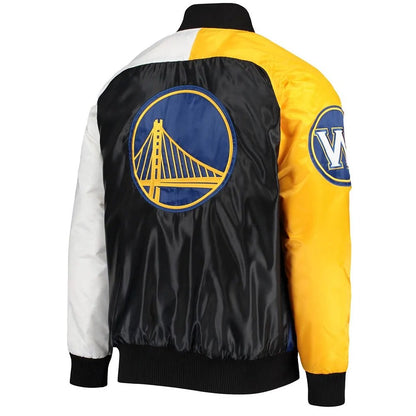 Golden State Warriors Tri-Color Satin Varsity Jacket - back view