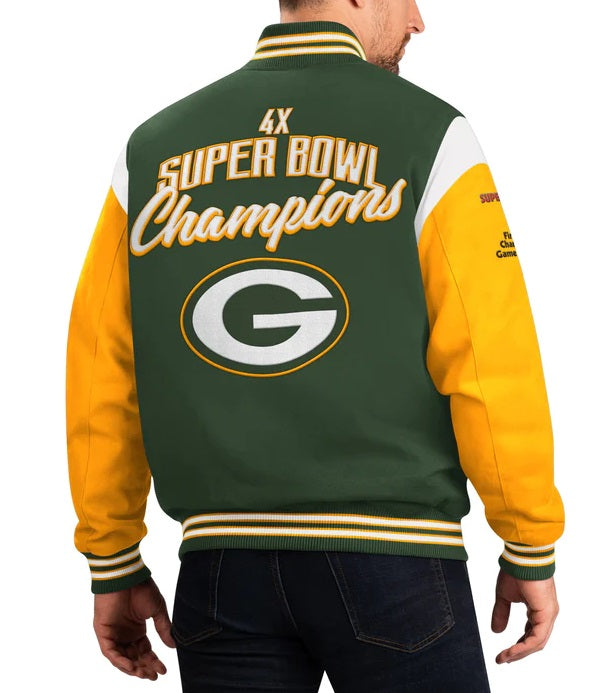 Green Bay Packers 4 Time Super Bowl Varsity Jacket - back view