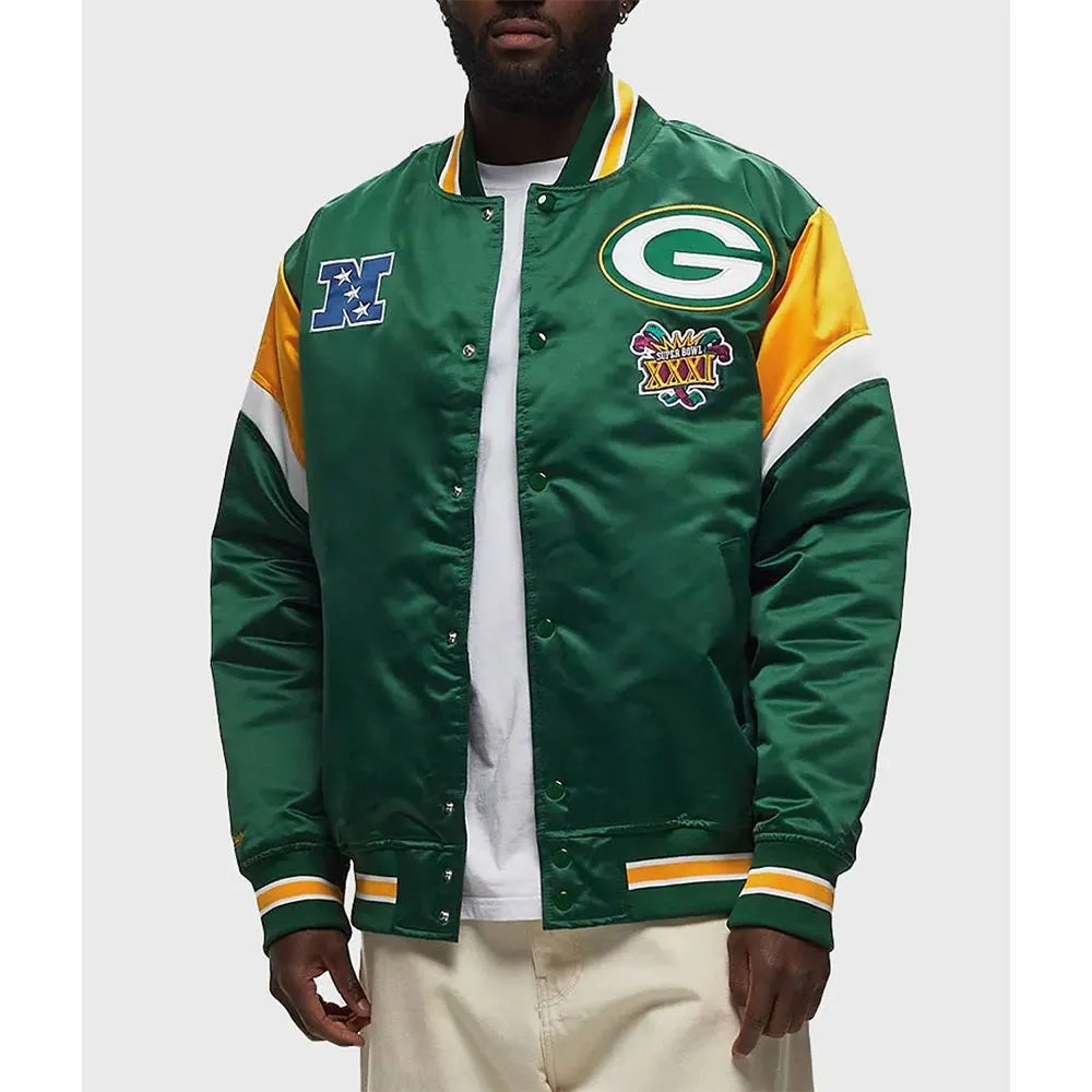 Green Bay Packers Heavyweight Green Satin Jacket - detail view