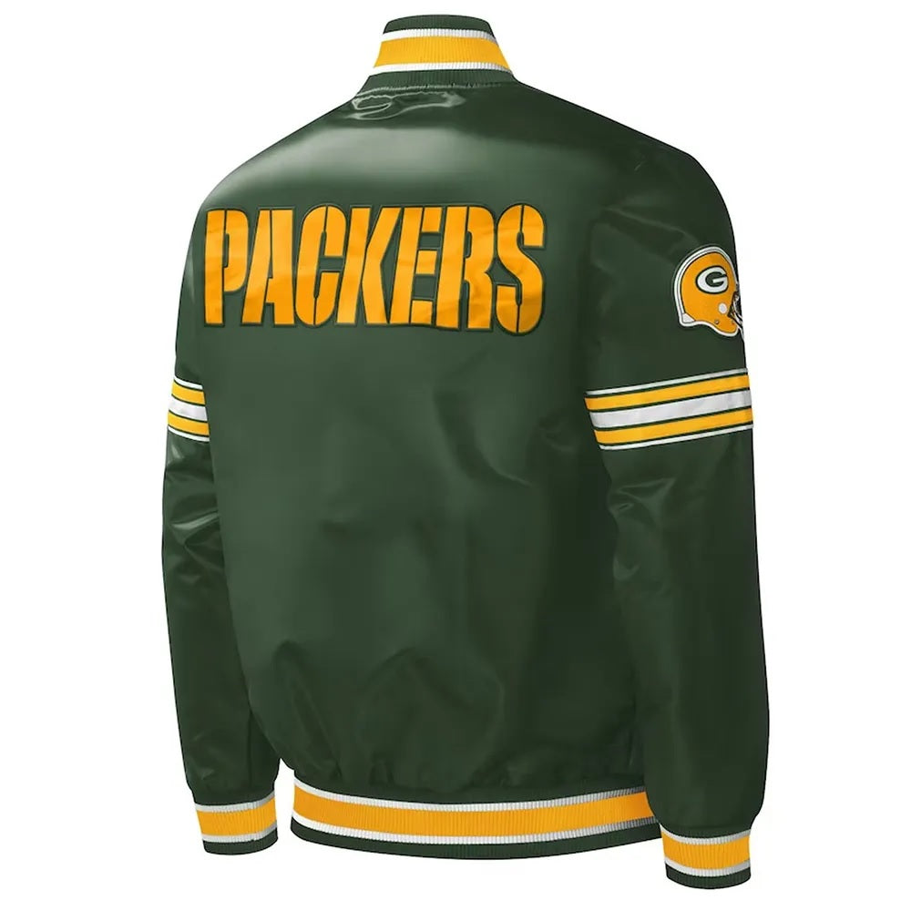 Green Bay Packers Midfield Varsity Green Satin Jacket - detail view