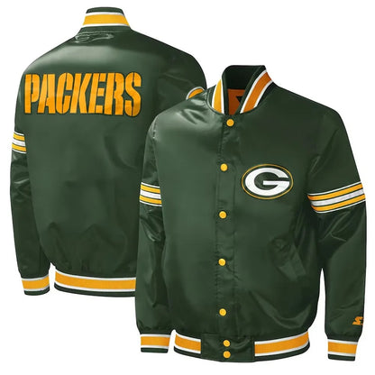 Green Bay Packers Midfield Varsity Green Satin Jacket - side view