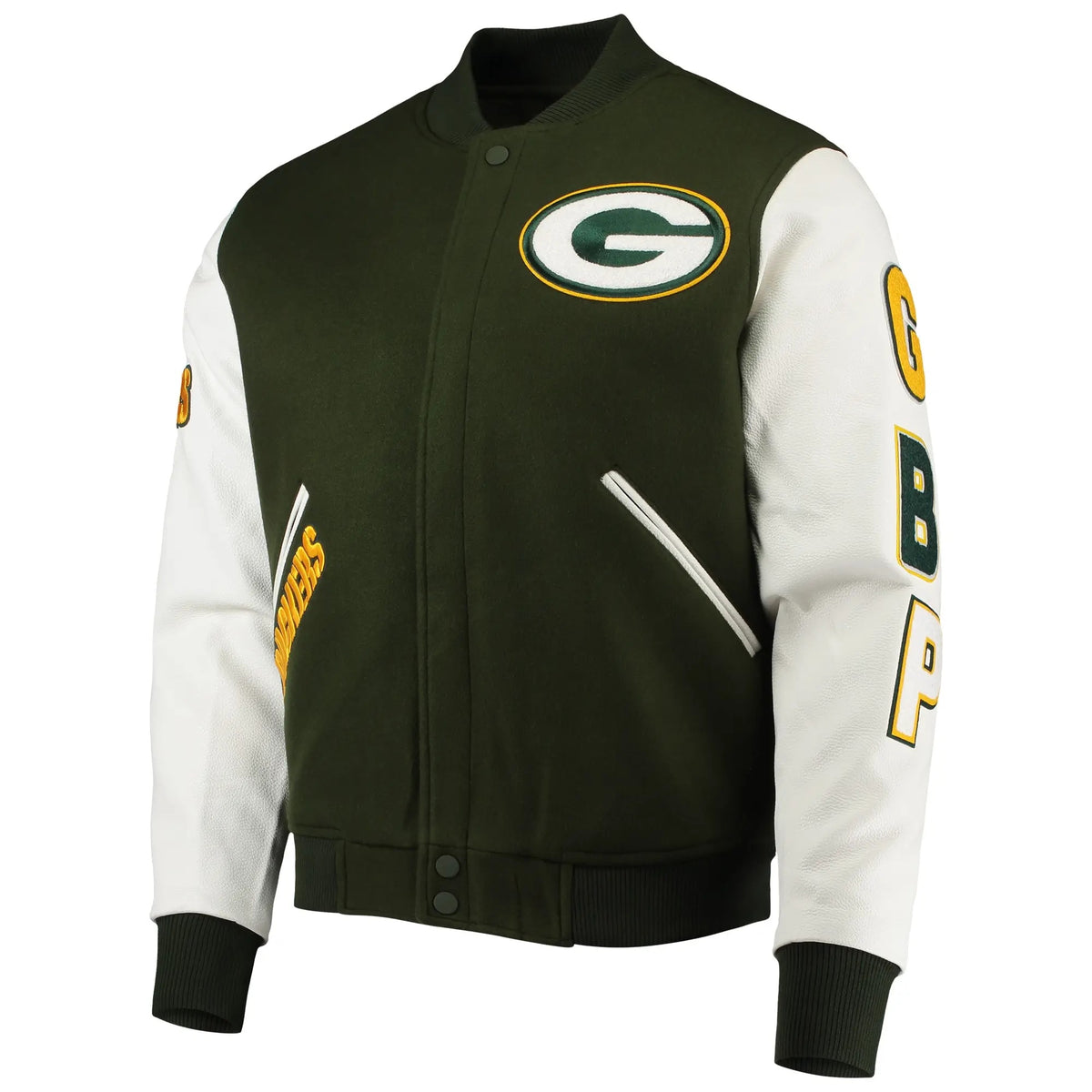 Green Bay Packers Full-zip Green and White Varsity Jacket - side view