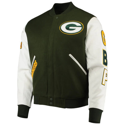 Green Bay Packers Full-zip Green and White Varsity Jacket - side view