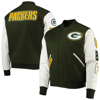 Green Bay Packers Full-zip Green and White Varsity Jacket - back view