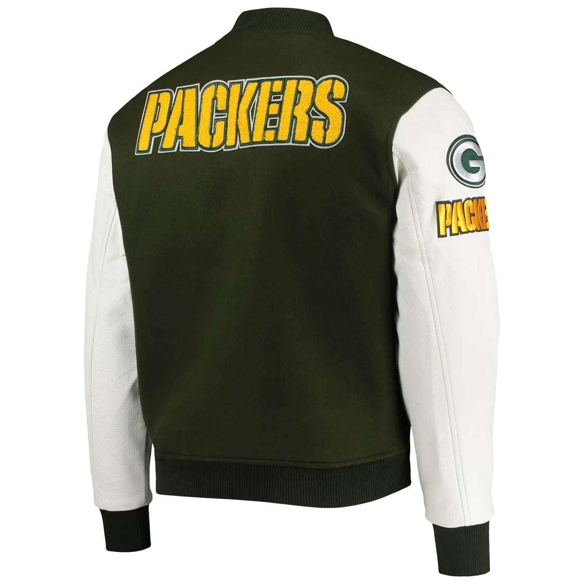 Green Bay Packers Full-zip Green and White Varsity Jacket - detail view