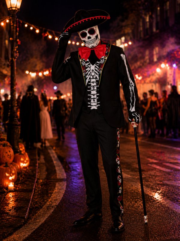 Halloween Black Skeleton Costume Suit