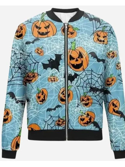 Halloween Pumpkin & Spider Web Print Blue Bomber Jacket