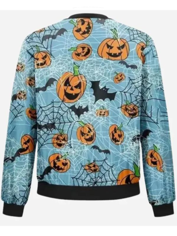 Halloween Pumpkin & Spider Web Print Blue Bomber Jacket